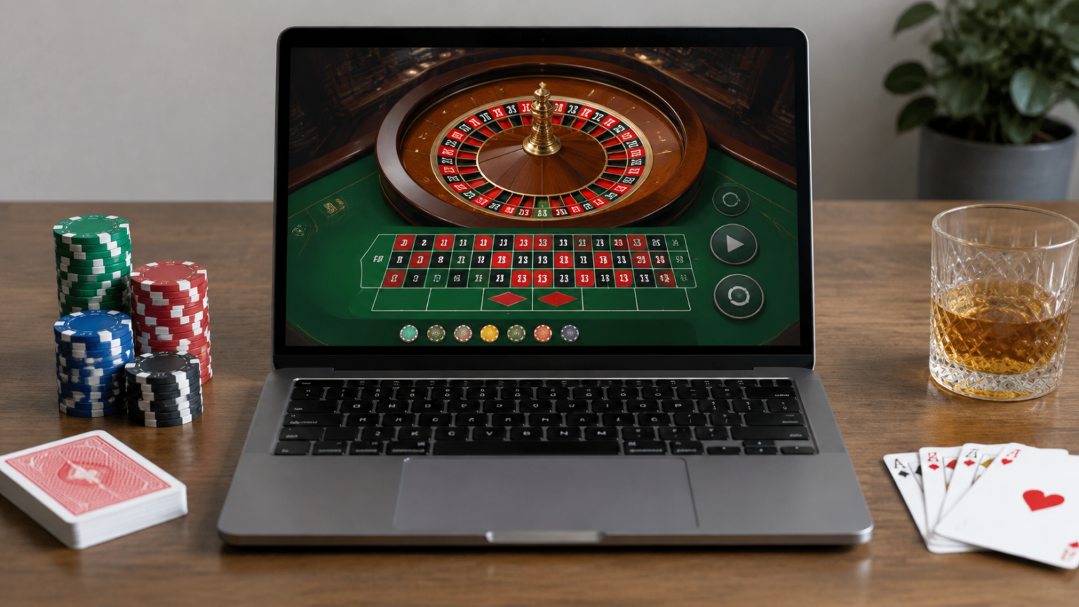 An informed player’s guide to online casino Singapore Laptop showing an online casino roulette game beside playing cards and casino chips