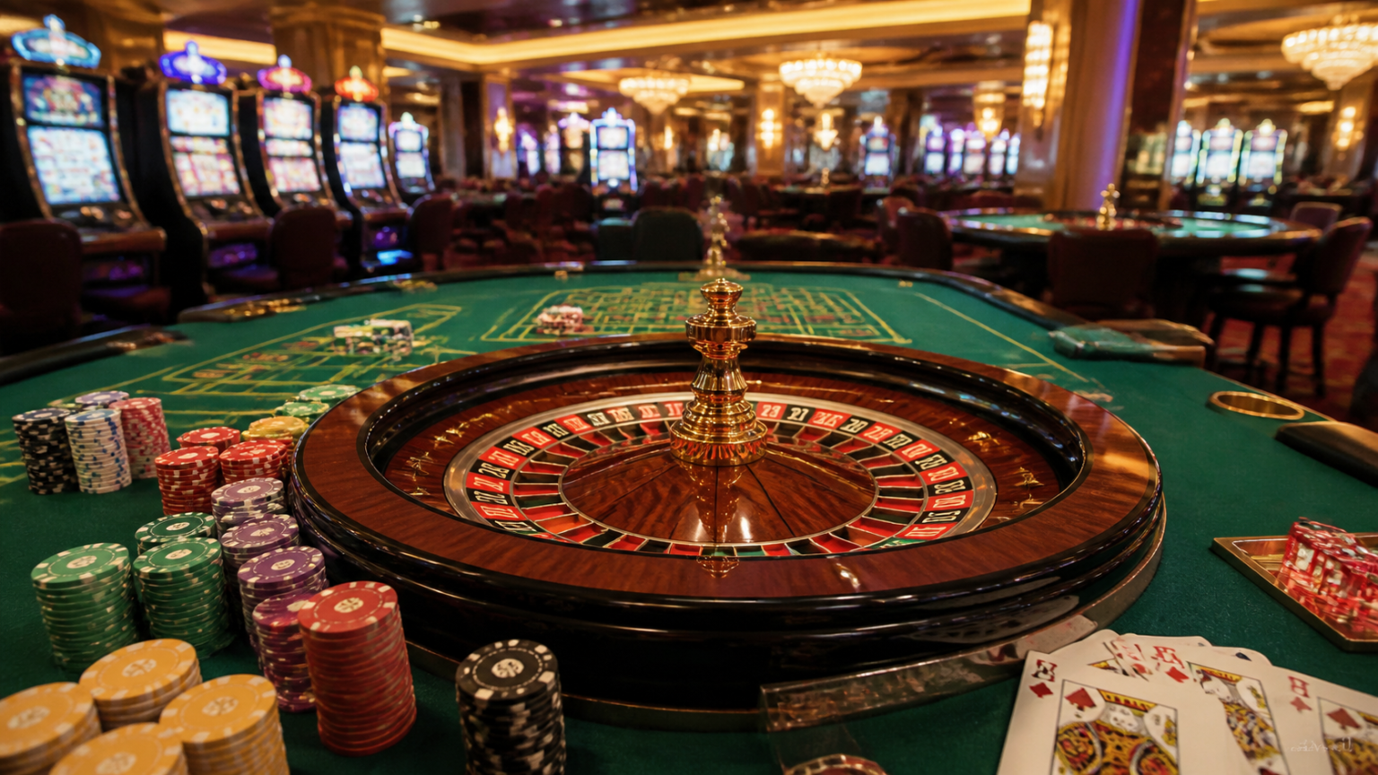 Tavolo da casinò con roulette e fiches