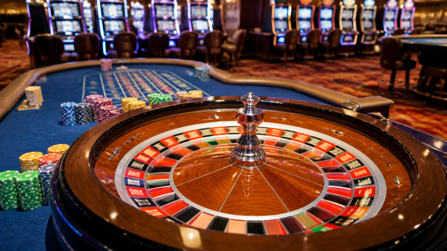 Ambiente di gioco con slot e tavolo roulette per casino non aams