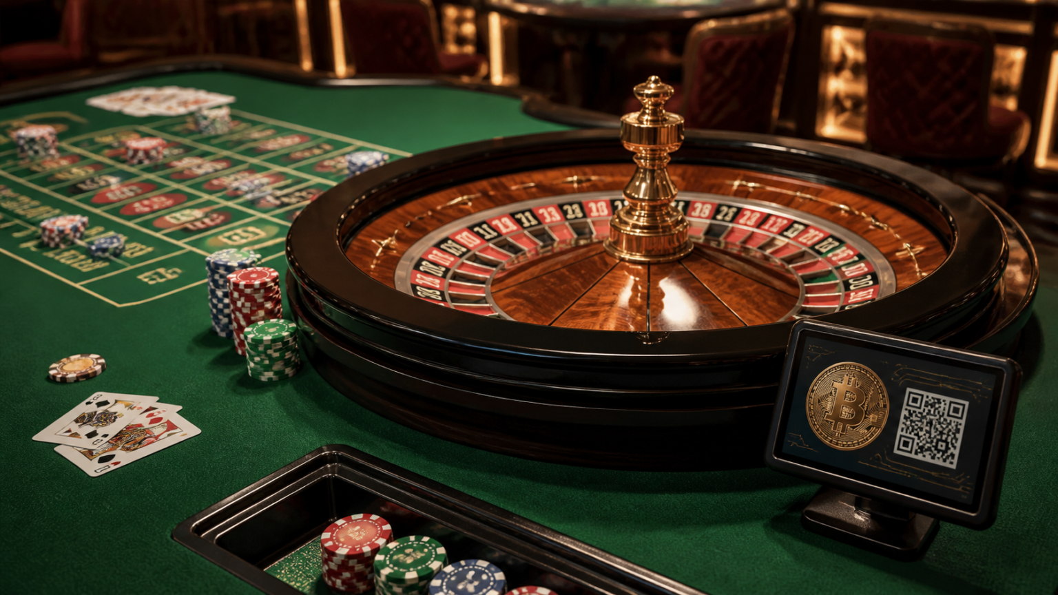 Casino roulette table beside a digital cryptocurrency payment display
