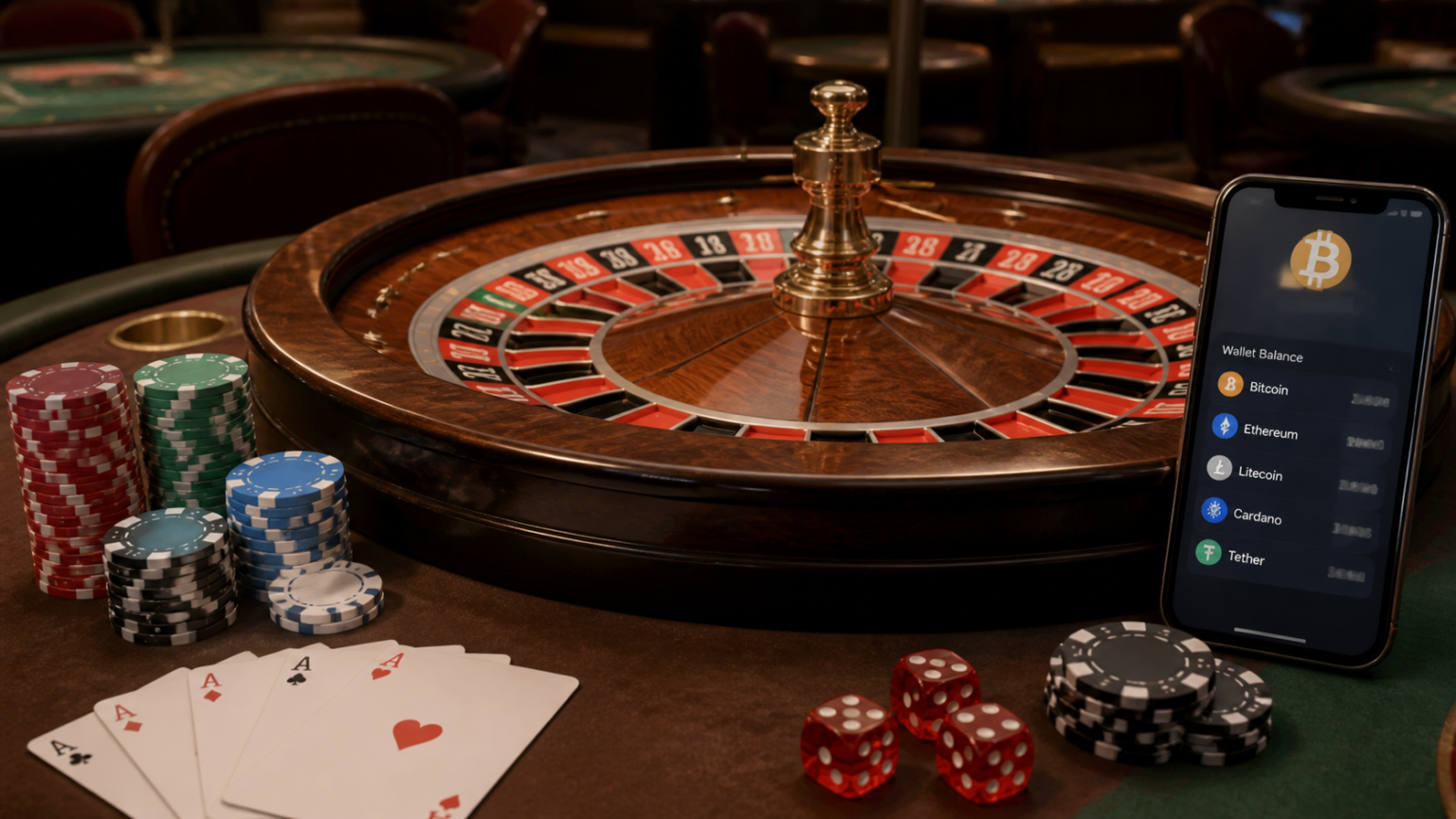 オンラインカジノ本人確認不要を比較する際のライセンス・規約・安全性 Casino table with chips, cards, and a crypto wallet phone