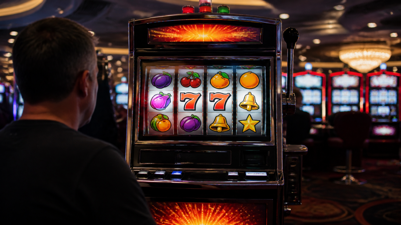 Hiểu cơ chế cơ bản của trò chơi nổ hũ: game nổ hủ Máy trò chơi nổ hũ với các cuộn biểu tượng trong không gian casino