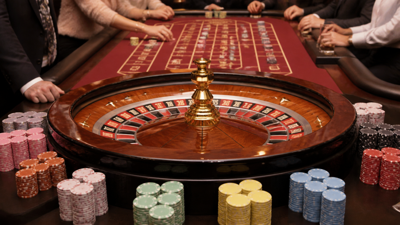 Bàn roulette trong sòng bạc với vòng quay và khu vực đặt cược