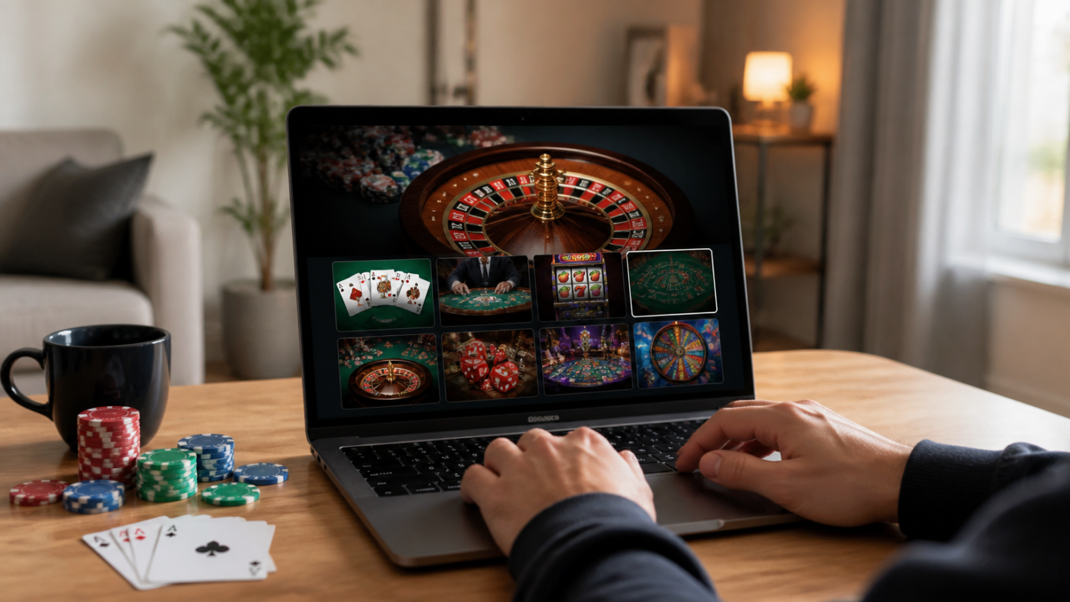 Adult reviewing an online casino betting site on a laptop