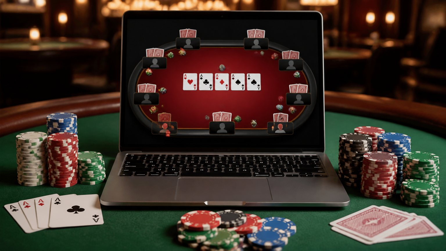 Top Online Poker Casino in Malaysia: What to Look For Poker chips and laptop showing an online casino poker table