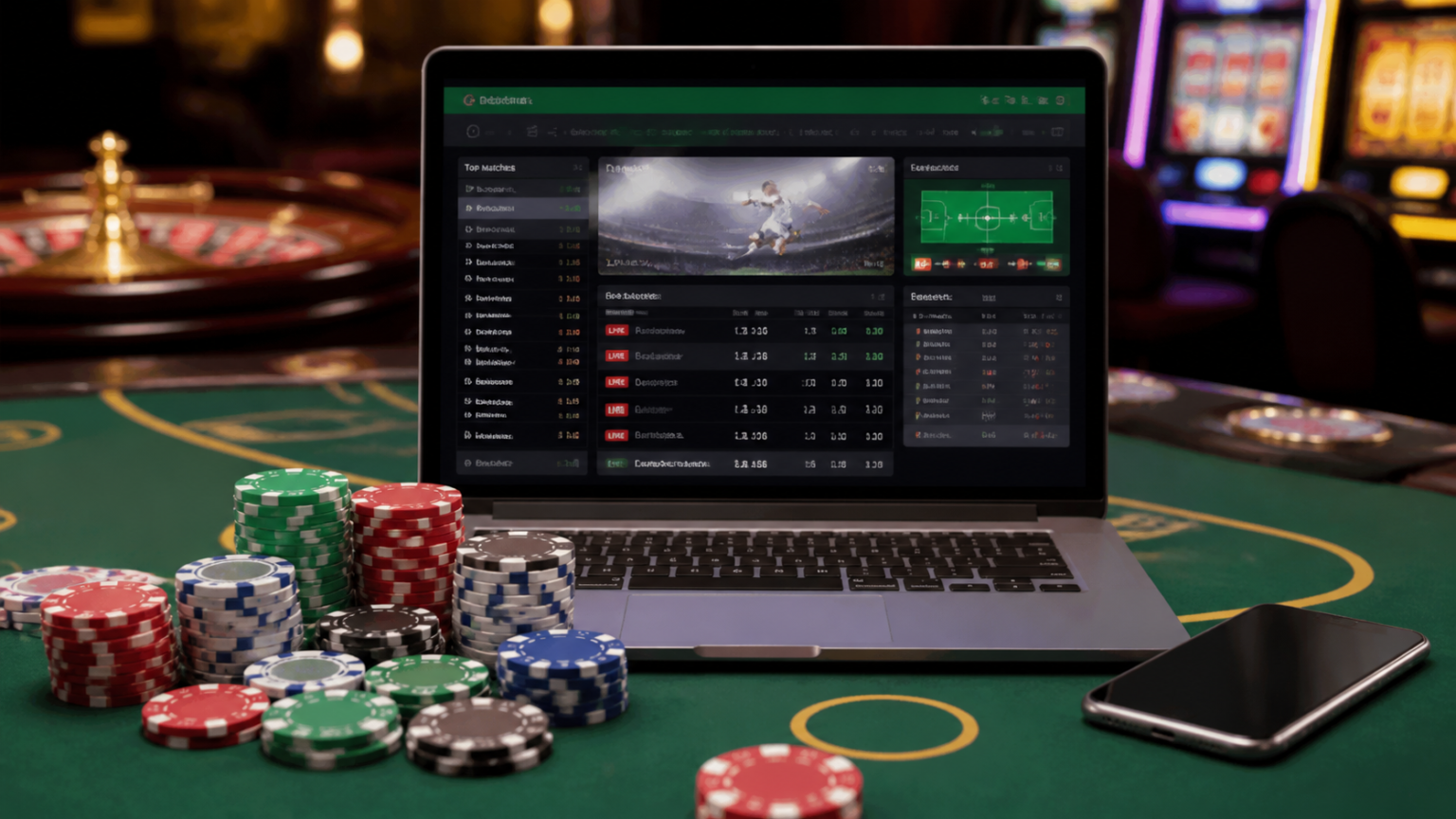 Kasino Online dan Pentingnya Memahami Syarat serta Ketentuan Laptop showing sports betting odds with casino chips on a table