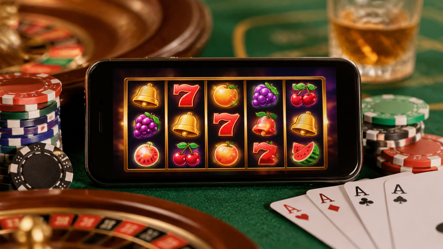 ภาพเกมสล็อตออนไลน์บนมือถือในบรรยากาศคาสิโน