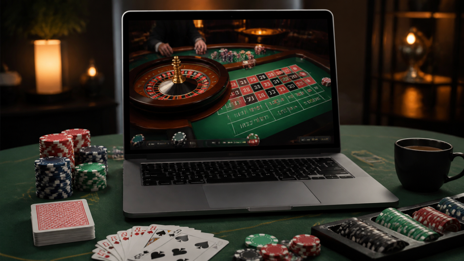 What Online Casino Play Means for Singapore Players: singapore casino online Laptop showing an online casino gaming interface with chips and cards