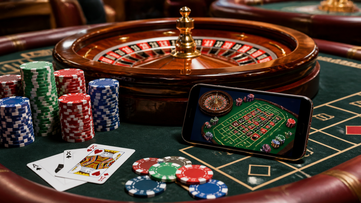 Nhà Cái Uy Tín Với Dịch Vụ Chăm Sóc Khách Hàng Chuyên Nghiệp Casino roulette table with cards and a phone showing online casino play