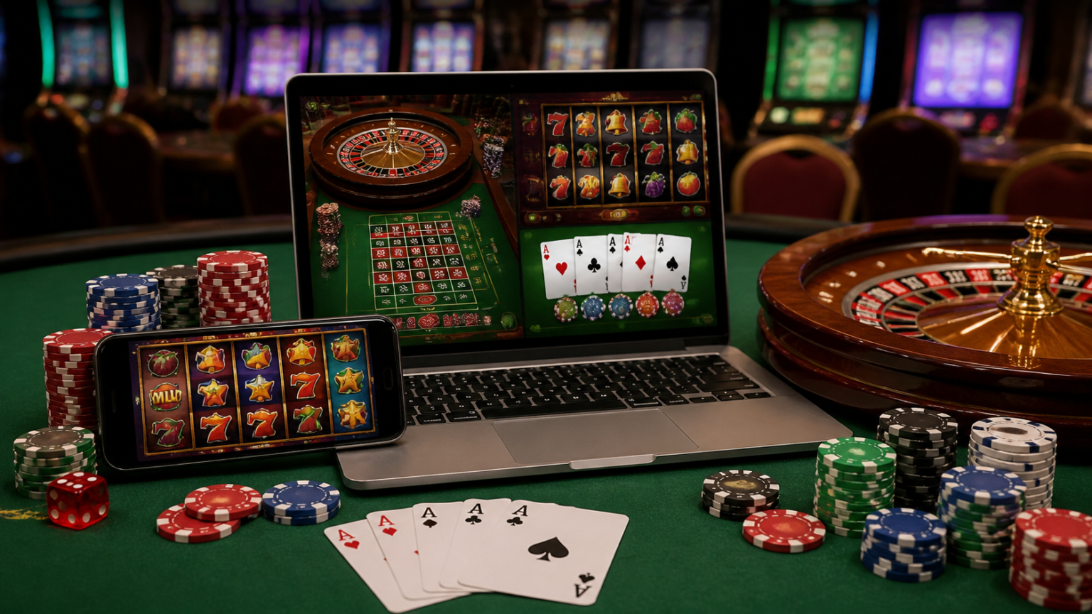 Laptop and phone showing top online casinos with casino chips and roulette wheel